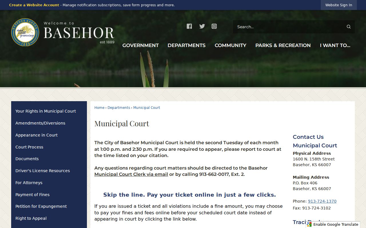 Basehor court records and Municipal Court information