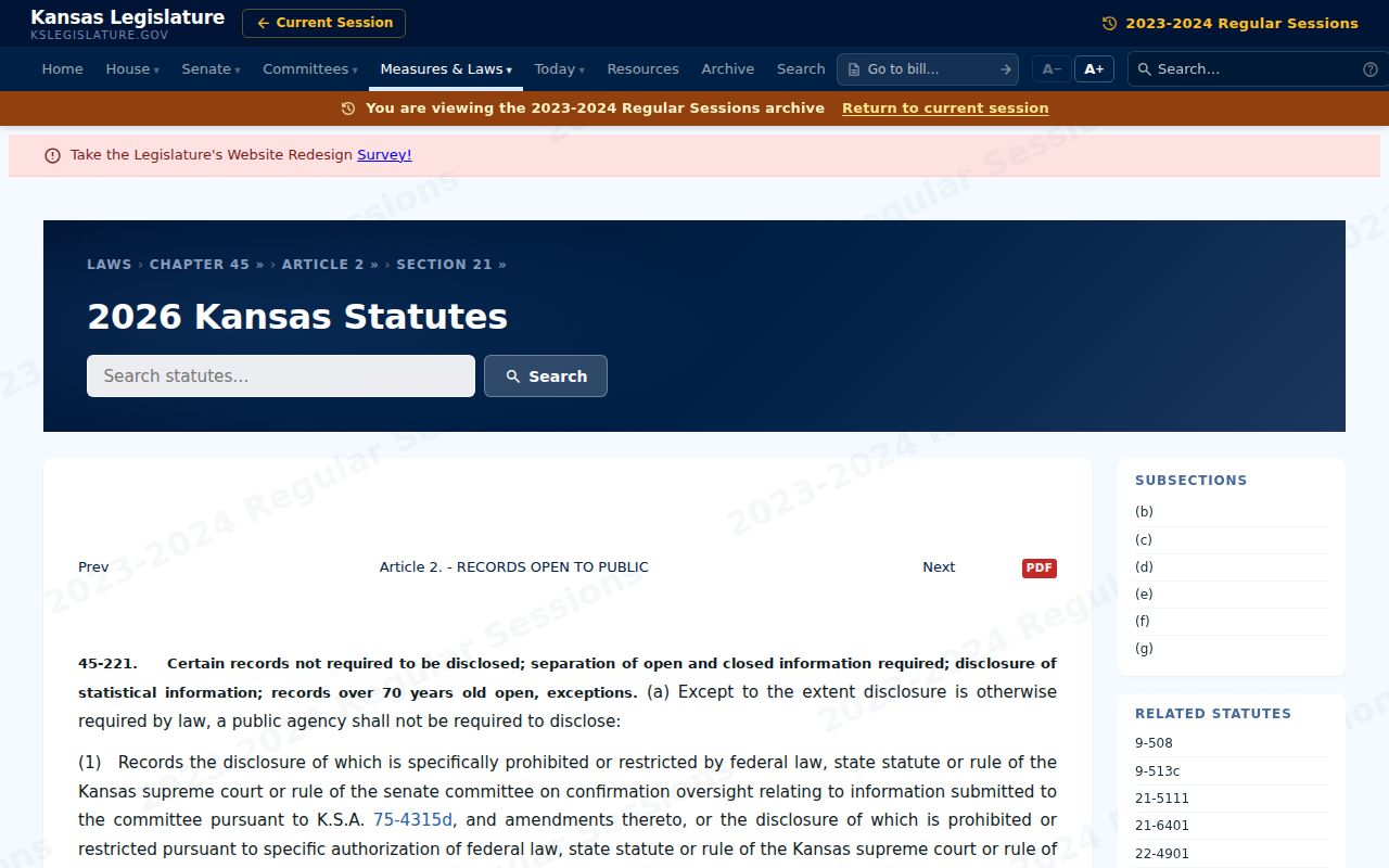 Kansas public records exemption statute for civil record access
